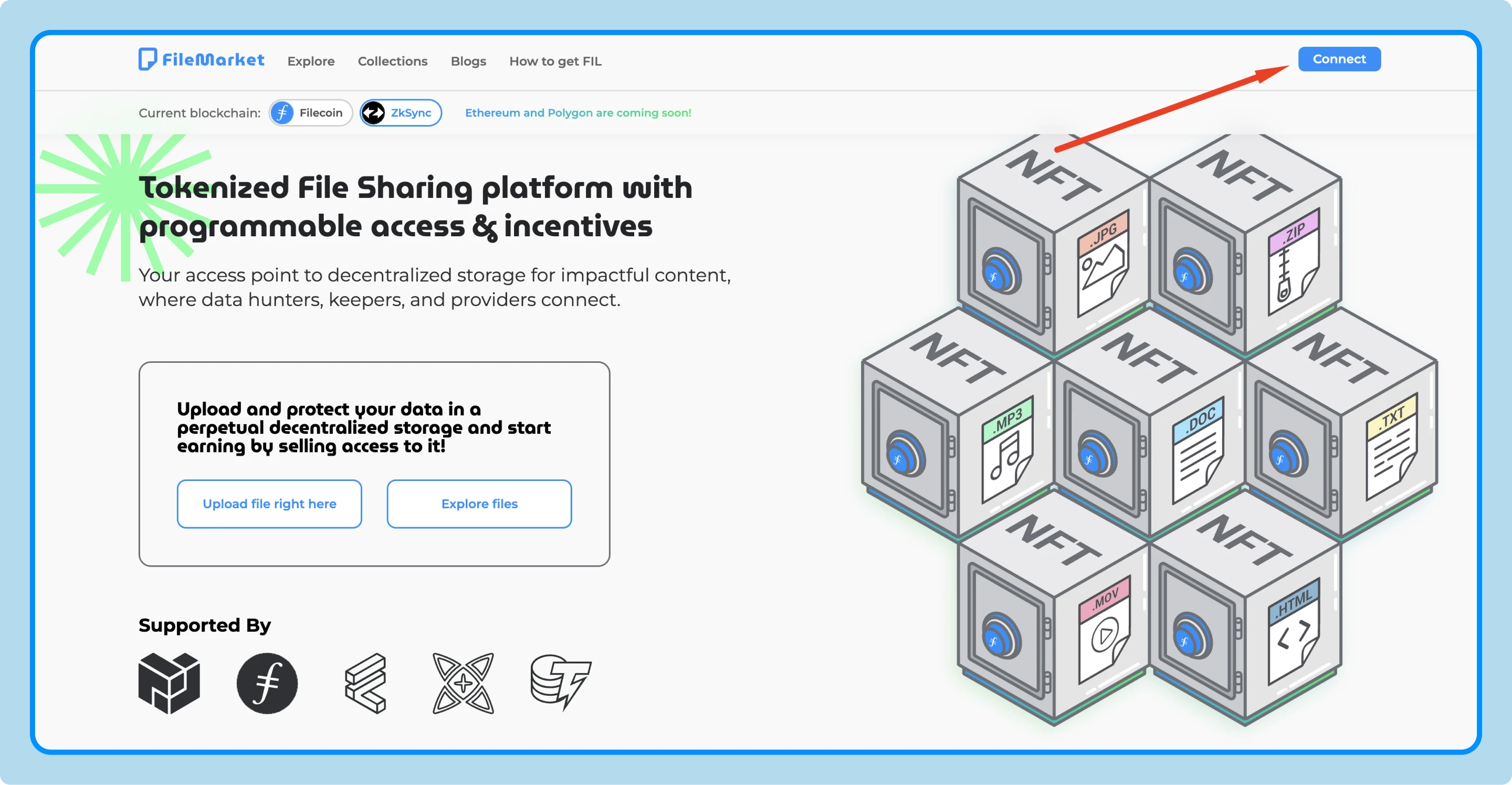 Visit filemarket.xyz and click on connect