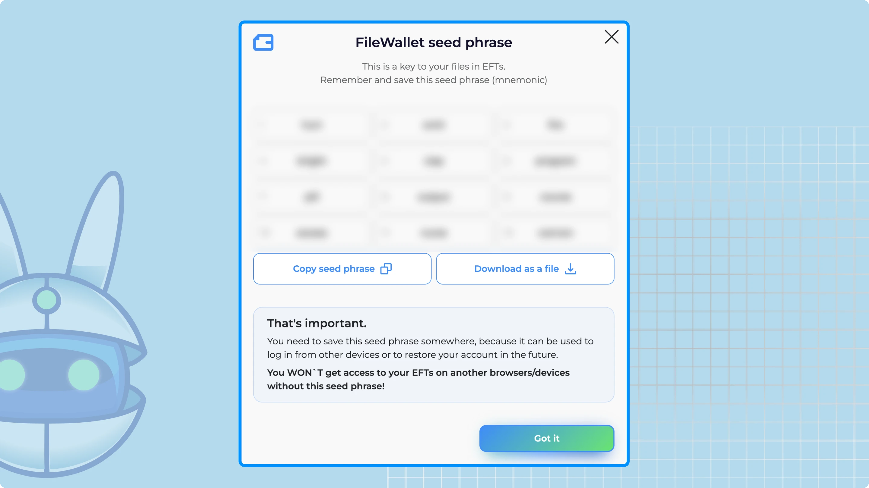 Save your seed phrase of the FileWallet