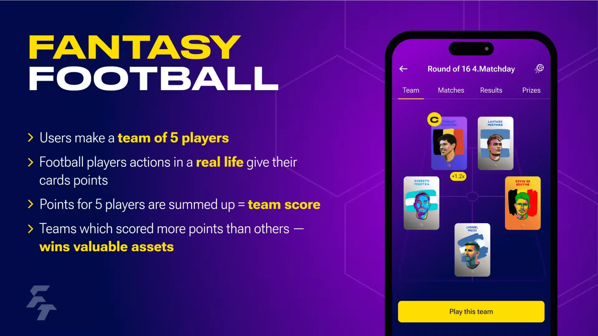 Fantasy football. Users make a team of 5 players; Football players actions in a real life give their cards points; Points for 5 players are summed up = team score; Teams which scored more points than others - wins valuable assets.